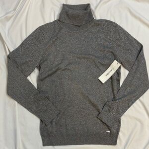 NWT Silver Sparkle Glittering Metallic Thread Turtleneck, Calvin Klein Medium